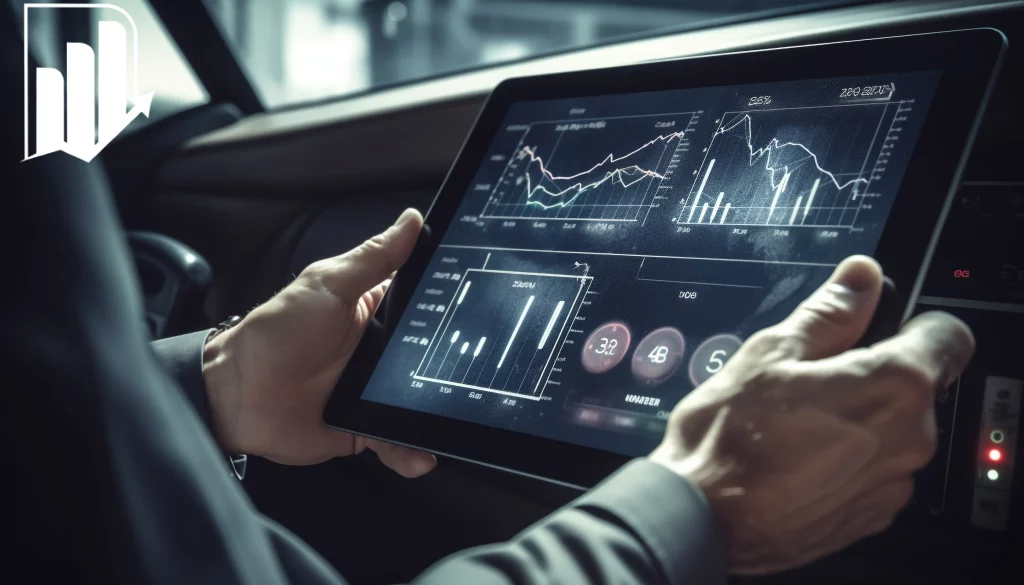 اندیکاتور ssi یا Speculative Sentiment 2 man suit is holding tablet front car with graph it